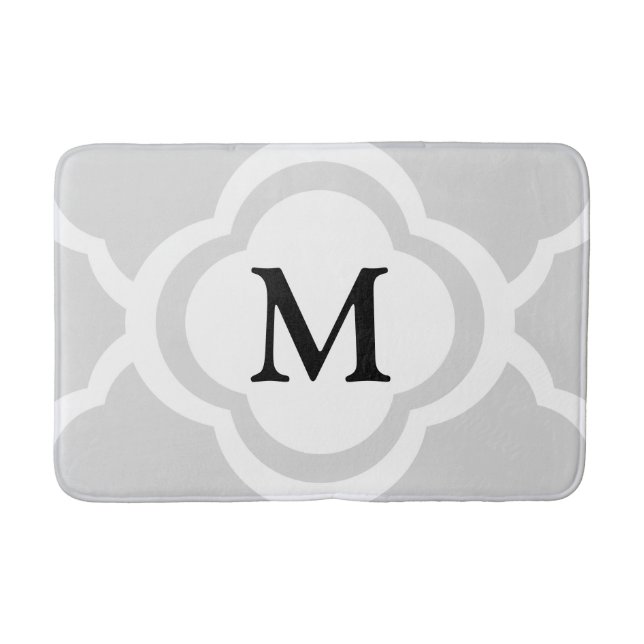 Grå & Vit Quatrefoil Mönster Monogram Badrumsmatta (Framsidan)
