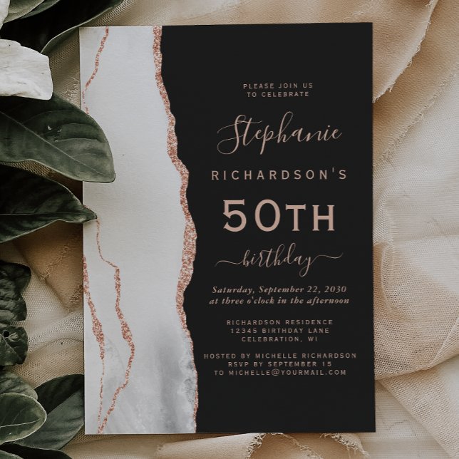 Grå Vit Roséguld Agat Mörk 50-årsdag Inbjudningar (Skapare uppladdad)