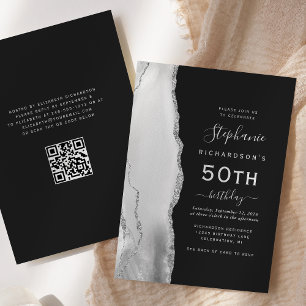 Grå Vit Silver Agat QR-kod 50-årsdag Inbjudningar