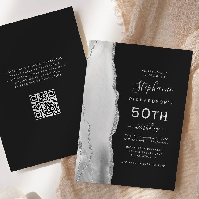 Grå Vit Silver Agat QR-kod 50-årsdag Inbjudningar (Skapare uppladdad)