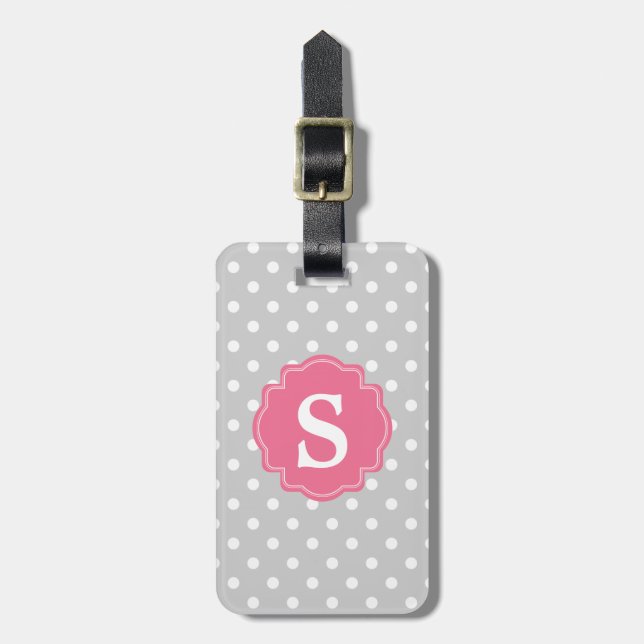 Grå vitpolka dots för trendig & rosa Monogram Bagagebricka (Vertikal Framsida)
