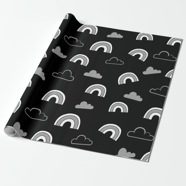 Gråa moln och regnbågar på svart inslagspapper presentpapper (Utrullad)