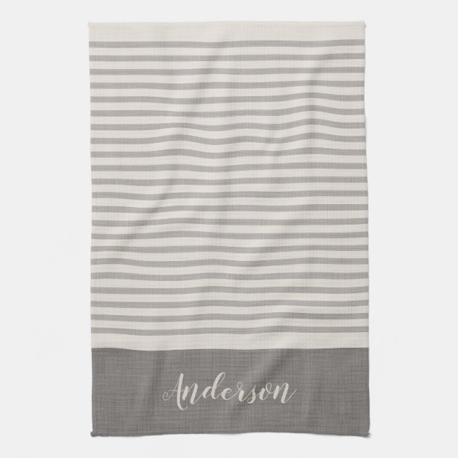 Gråa Ränder Monogram | Bondgård Kökshandduk (Vertikal)