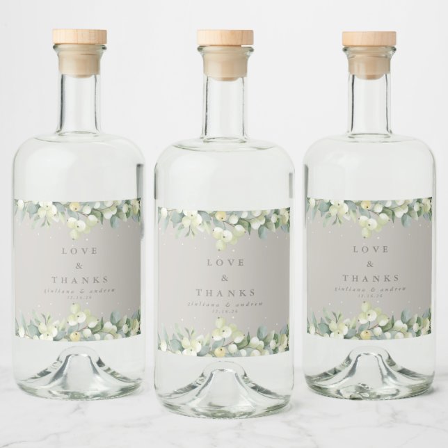 Gråbeige Snöbär+Eukalyptus Vinterbröllop Spritflaskor Etikett (Flaskor)