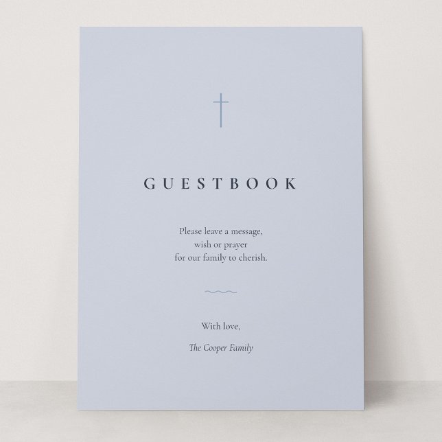 Grace Blue Minimal Kors Gästbok Bordsskylt (Grace | Blue - Sign Our Guestbook Card Sign, 6.5 x 8.75")