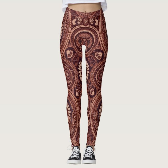 Grace Burgundy Daisy Paisley Broderimönster Leggings (Framsida)