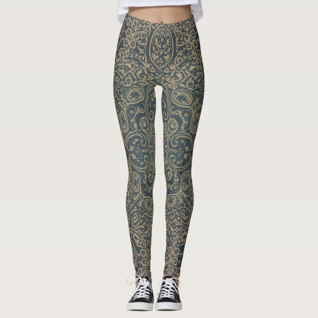 Grace Forest Green Lotus Paisley Artisan Pattern Leggings (Framsida)