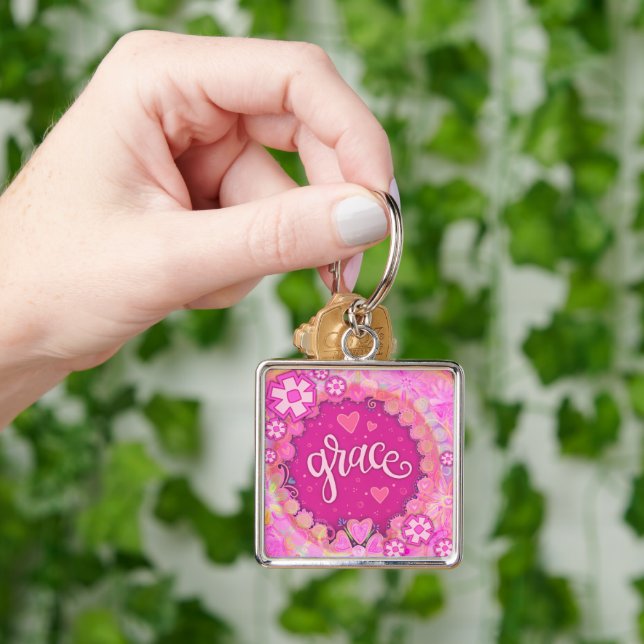Grace Inspirational Heart Blommigt Söt Rosa  Fyrkantig Silverfärgad Nyckelring (Hand)