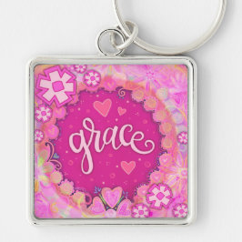 Grace Inspirational Heart Blommigt Söt Rosa  Fyrkantig Silverfärgad Nyckelring