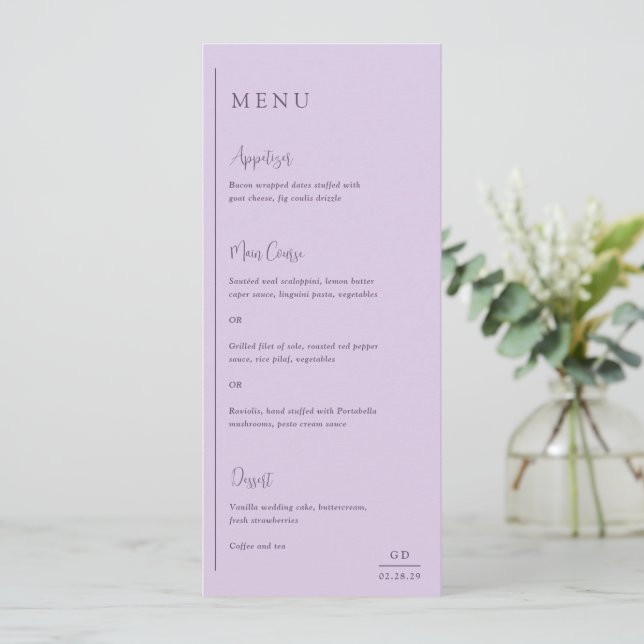 Grace Lilac Modern Bröllop Meny (Stående Fram)
