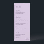 Grace Lilac Modern Bröllop Meny<br><div class="desc">Den moderna bröllop-menyn med en enkel och minimal geometrisk utformning med en lodrät längs den lämnat sidan med menyn i lämnat justering. Huvudena är i ett handskript för elegantens beröring. I högernas hörn i grund är ditt första monogram över en liten vågrät. Du kan ändra paletten färg i verktyg för...</div>