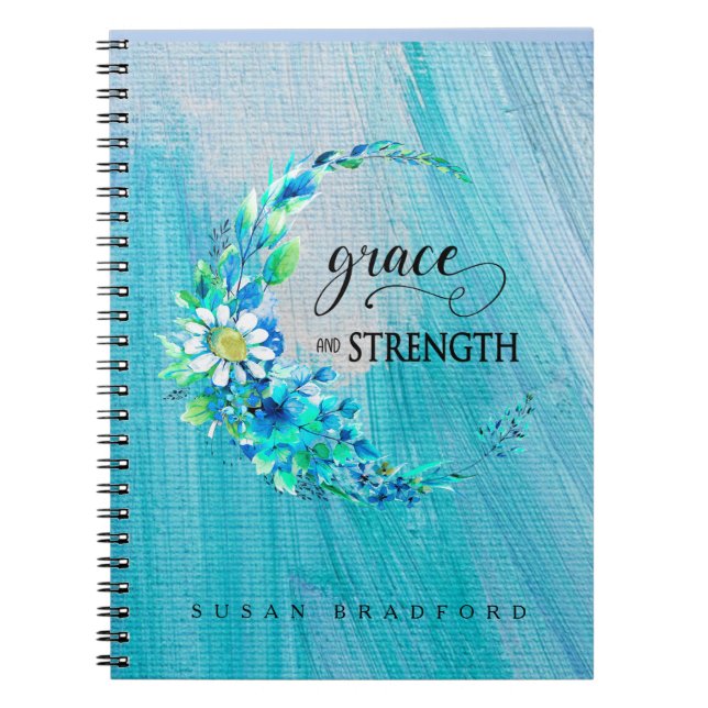 Grace och Styrka inspirationslust blå Blommigt Anteckningsbok (Framsidan)
