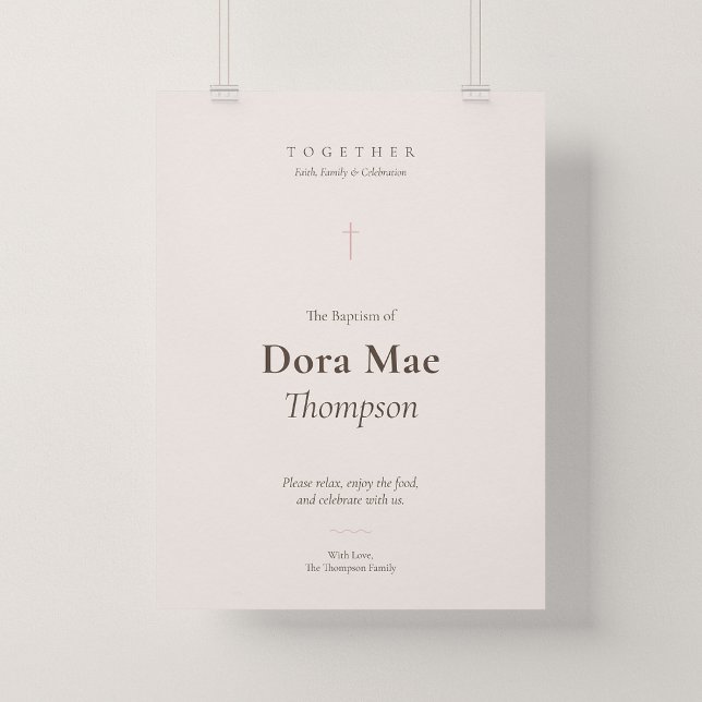 Grace Pink Kors Dopmottagning Välkomstaffisch Poster (Grace | Blush - Baptism Reception Entrance Poster, 18 x 24")