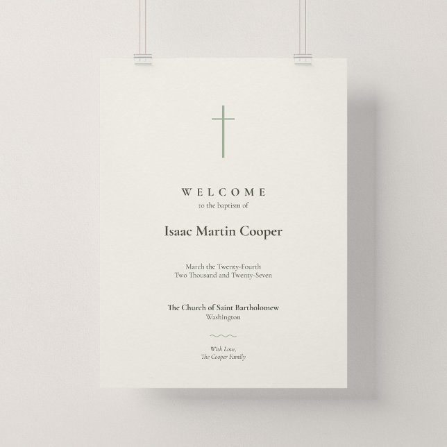 Grace Sage Cross Dopkyrka Välkomstskylt Poster (Grace | Sage. Minimalist cross baptism church welcome poster.)