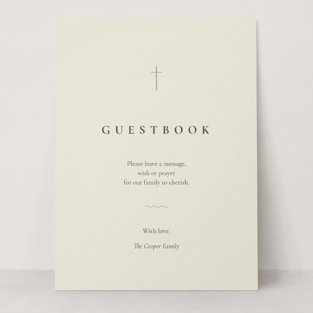 Grace Sage Minimal Kors Gästbok Bordsskylt (Grace | Sage - Sign Our Guestbook Card Sign, 6.5 x 8.75")