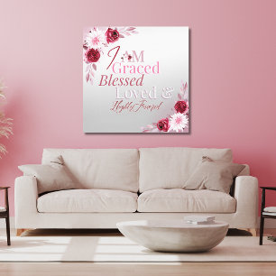 Graced Blsed Loved Favsted Rosa Blommigt Art Canvastryck