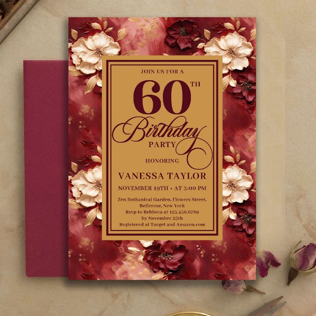 Graceful 60 Birthday Merlot Blush Gold Invitation Inbjudningar (Graceful 60th Birthday Merlot Blush Gold Invitation)