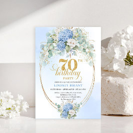 Graceful 70th Birthday Blue Hydrangea Gold Invite Inbjudningar