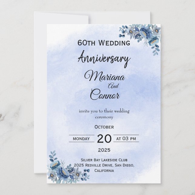 Graceful Blue Floral Wedding Anniversary Invitatio Inbjudningar (Framsida)