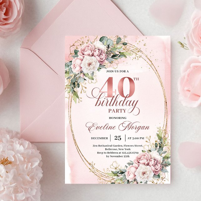 Graceful Bohemian Blush Floral Gold 40th Birthday Inbjudningar (Graceful Bohemian Blush Floral 40th Birthday Invitation)