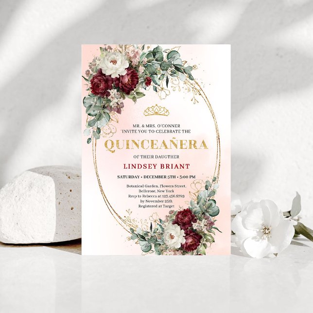 Graceful Bohemian Burgundy Peonies Quince Invite Inbjudningar (Graceful Bohemian Burgundy Peonies Quince Invite)