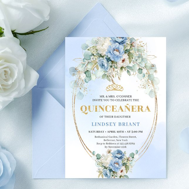 Graceful Boho Blue Peonies Eucalyptus Quinceañera Inbjudningar (Graceful Blue Peonies Eucalyptus Quinceañera Invitation)