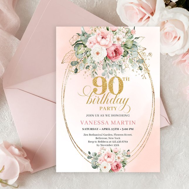Graceful Boho Blush Floral Greenery Gold Birthday Inbjudningar (Refined Blush Roses Gold Minimal 90th Birthday Invite)