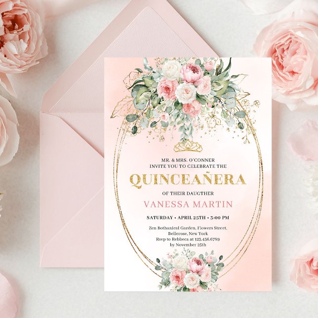 Graceful Boho Pale Pink Roses Bohemian Quinceañera Inbjudningar (Graceful Pale Pink Roses Bohemian Quinceañera Invite)