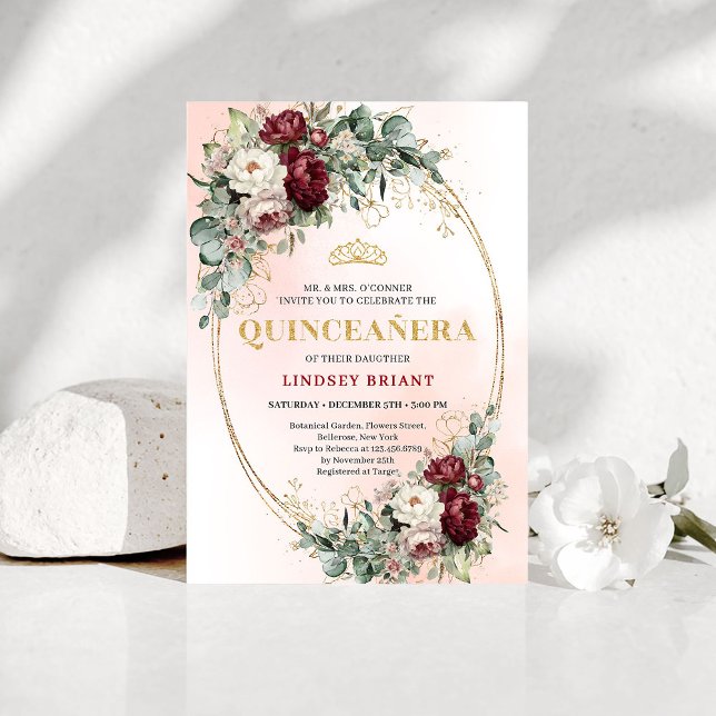 Graceful Burgundy Peonies Eucalyptus Quince Invite Inbjudningar (Graceful Burgundy Peonies Eucalyptus Quince Invite)