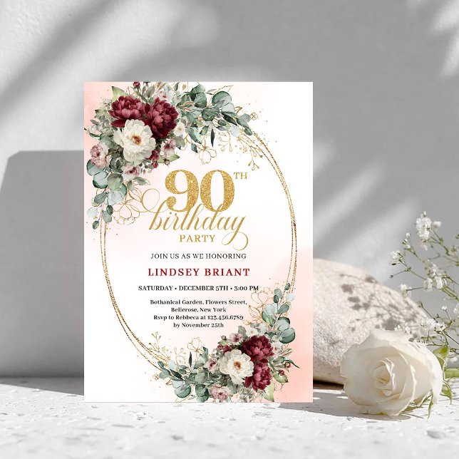 Graceful Deep Red Floral Gold 90th Birthday Invite Inbjudningar (Graceful Deep Red Floral Gold 90th Birthday Invitation)