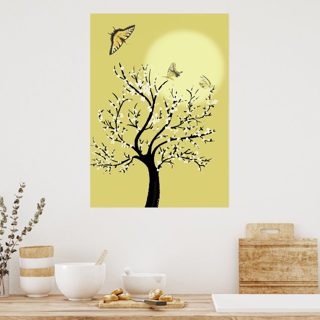 Graceful dreamy sunlit tree with butterflies  poster (Kök)