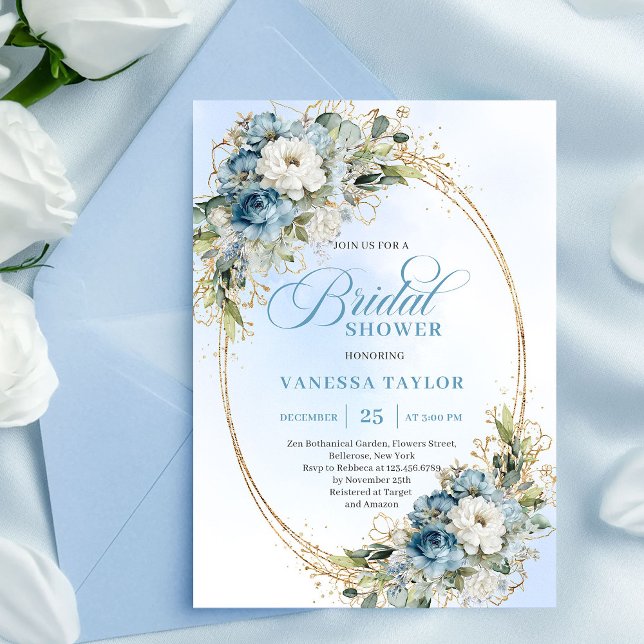Graceful Dusty Blue Floral Eucalyptus Bridal Showe Inbjudningar (Graceful Dusty Blue Floral Eucalyptus Bridal Shower Invite)