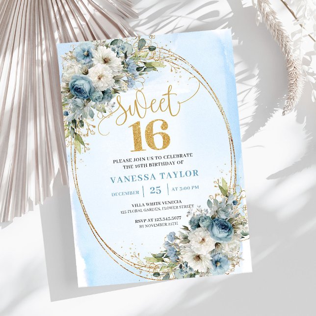 Graceful Dusty Blue Floral Sweet 16th Birthday  Inbjudningar (Graceful Dusty Blue Floral Sweet 16th Birthday Invite)