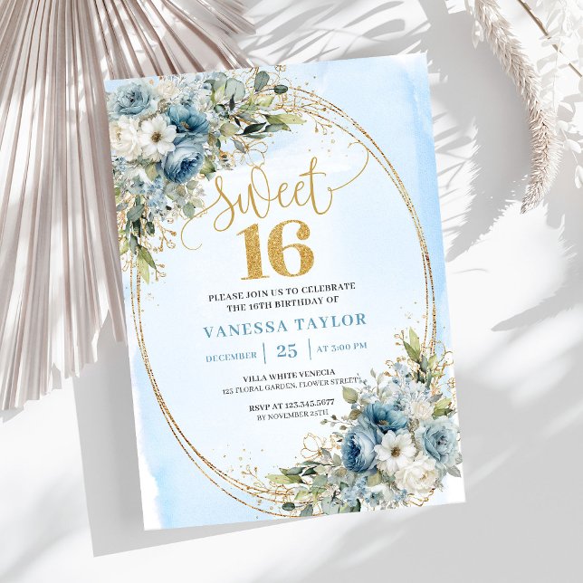 Graceful Dusty Blue Floral Sweet Sixteen Invites Inbjudningar (Graceful Dusty Blue Floral Sweet Sixteen Invitation)