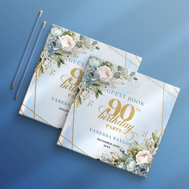 Graceful Dusty Blue Gold 90th Birthday Guest Book Gästböcker (Graceful Dusty Blue Gold 90th Birthday Guest Book)