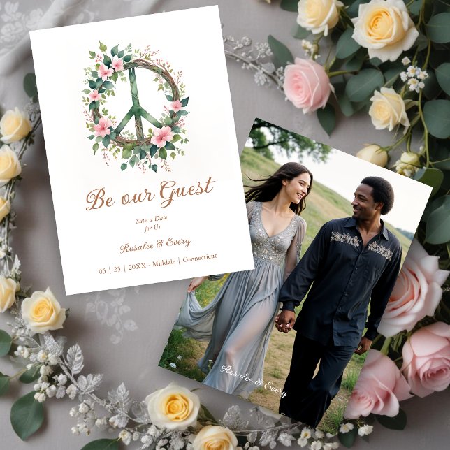 Graceful Floral Wood Peace Symbol Photo Wedding Spara Datumet (Graceful and Cherish Floral Wood Peace Symbol Photo Wedding Save the Date Card.)