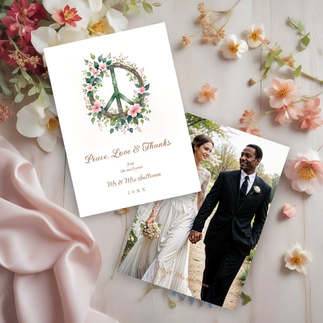 Graceful Floral Wood Peace Symbol Photo Wedding Tack Kort (Graceful and Cherish Floral Wood Peace Symbol Photo Wedding Thank You Card.)