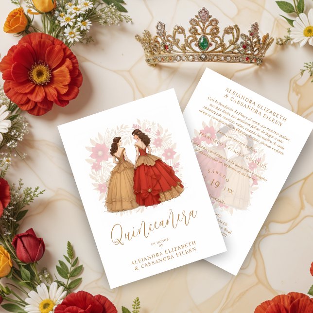 Graceful Romantic Spanish Quinceañera Twins  Inbjudningar (Graceful Romantic Spanish Quinceañera Twins Red and Gold Invitations Cards.)