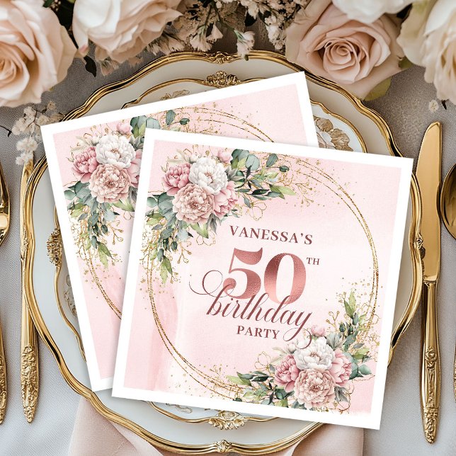 Graceful Rose Gold Blush Flowers 50th Birthday  Pappersservett (Graceful Rose Gold Blush Flowers 50th Birthday Dinner Napkins

)