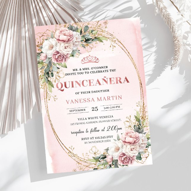Graceful Rose Gold Floral Greenery Quinceanera  Inbjudningar (Graceful Rose Gold Floral Greenery Quinceañera Invitation

)