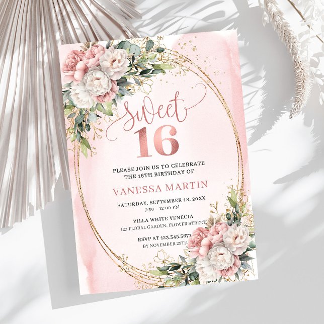 Graceful Rose Gold Floral Greenery Sweet Sixteen  Inbjudningar (Graceful Rose Gold Floral Greenery Sweet Sixteen Invitation

)