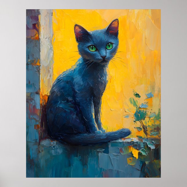 Graceful Russian Blue Cat – Sunset Balcony Moment Poster (Framsidan)