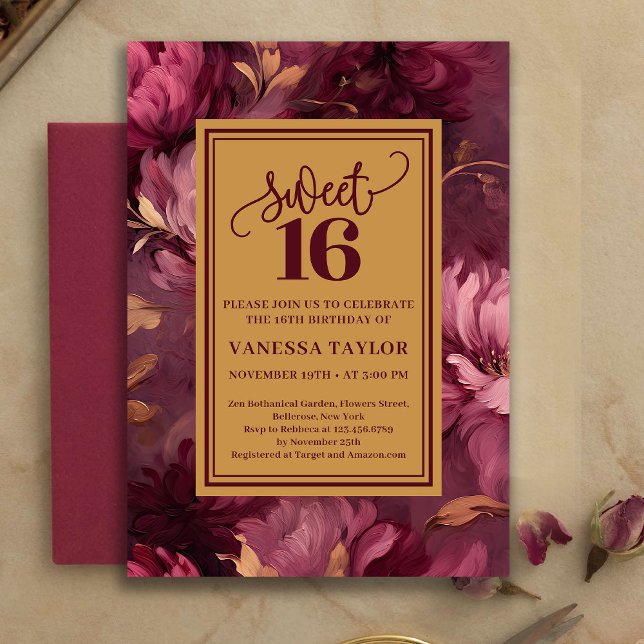 Graceful Sweet 16 Merlot Blush Gold Invitation Inbjudningar (Graceful Sweet 16 Merlot Blush Gold Invitation)