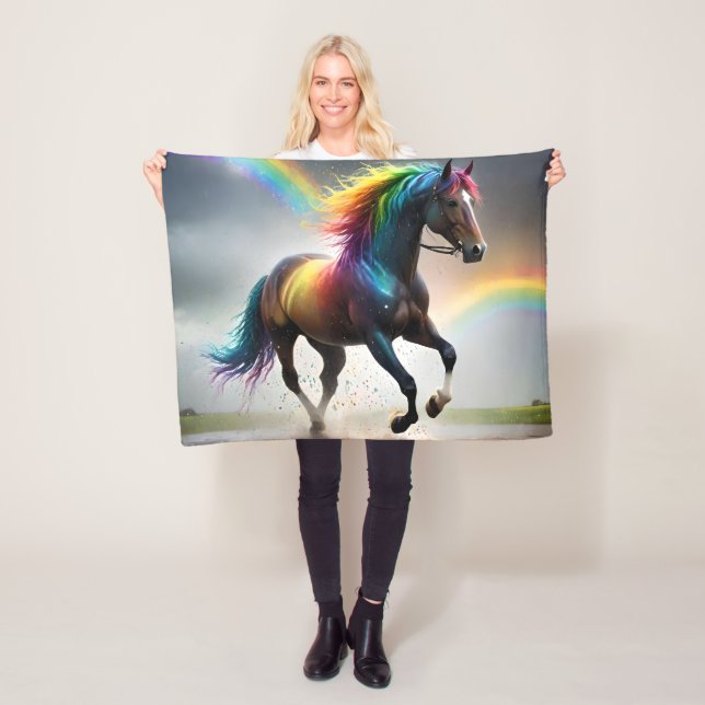 Gracefulla spektrum: Regnbågshäst under regnbågar Fleecefilt (På plats)