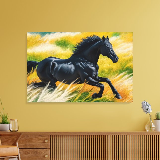 Gracful Black Horse Galloping i Vibrant Fält i Canvastryck (Insitu (Vardagsrum))
