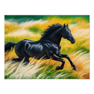Gracful Black Horse Galloping i Vibrant Fält i Fototryck