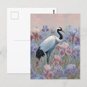 Gracful Crane Fält från Blooming Irises Vykort