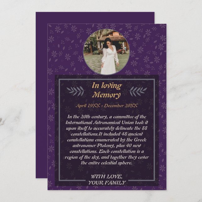 Gracful Farewell: Blommigt Funeral with Photo Invi Inbjudningar (Fram/baksida)