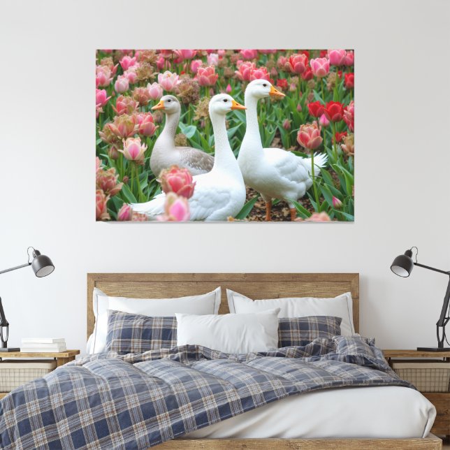 Gracful Geese in Blooming Garden Animal Lover Canvastryck (Insitu (sovrum))