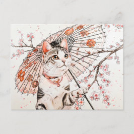 Gracful Geisha Cat med Ornate Parasol och Cherry Vykort
